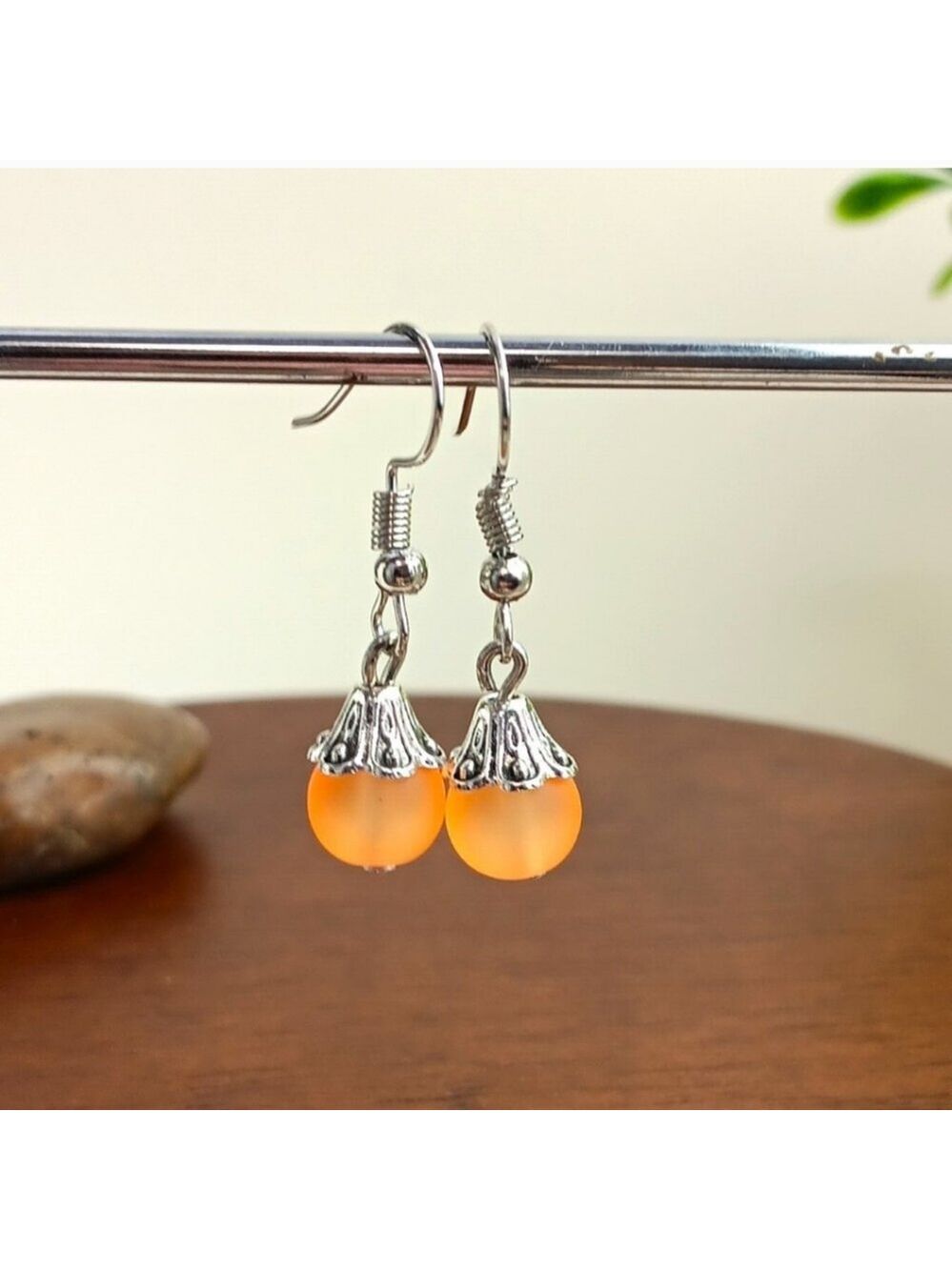 NWT Adorable Orange Matte Glass Bead Silver Stainless Steel Earrings!